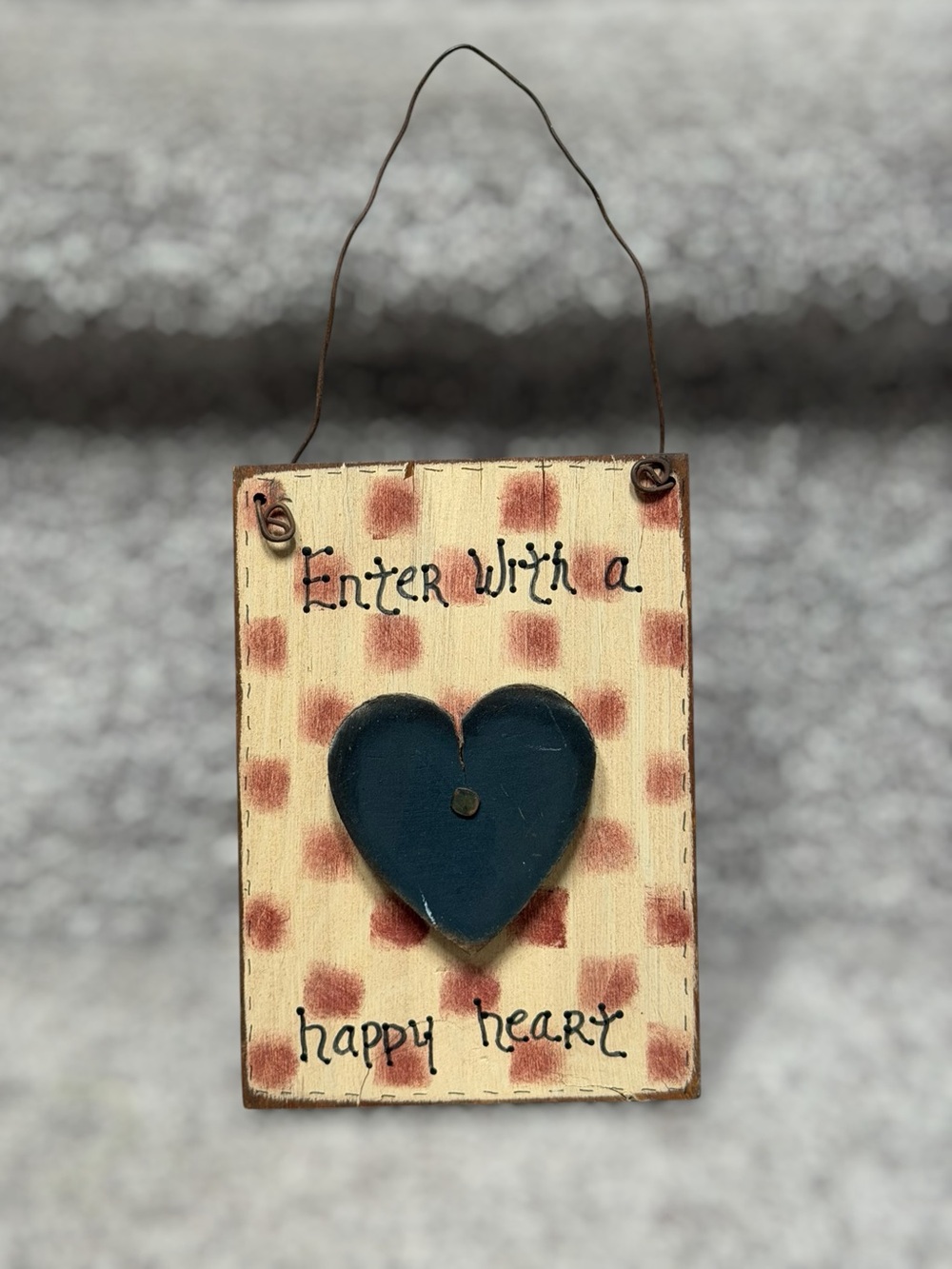 Handmade Primitive Folk Art Wooden Happy Heart Hanging Sign Country Decor